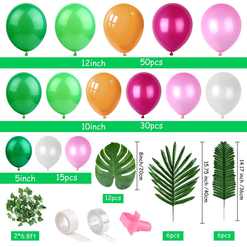 FEPITO 124Pcs Tropical Balloons Garland Kit - Pink Green Balloon Arch With Palm Leaves, Tape Strip, Dot Glue and Tying Tool for Party Decor, Birthday Supplies - Image 2